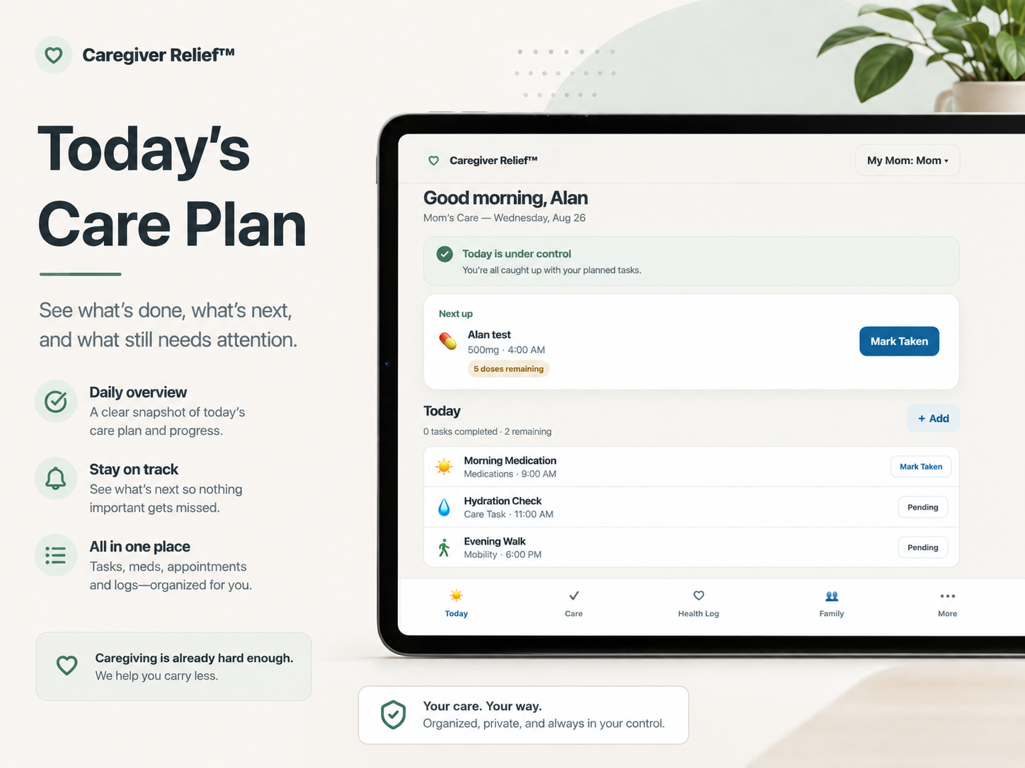 Caregiver Relief Today's Care Plan
